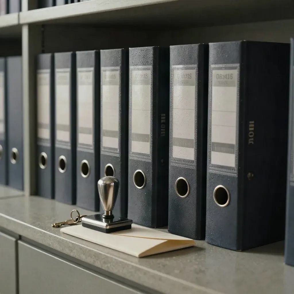 Charcoal archive binders with seal press, key ring, and envelope tray on stone ledge