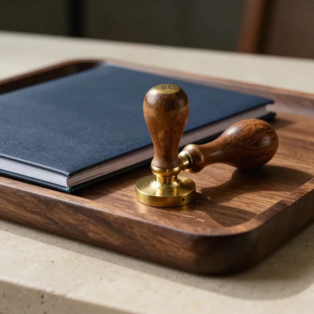 Brass date stamp beside a closed case folder and walnut tray in soft daylight.