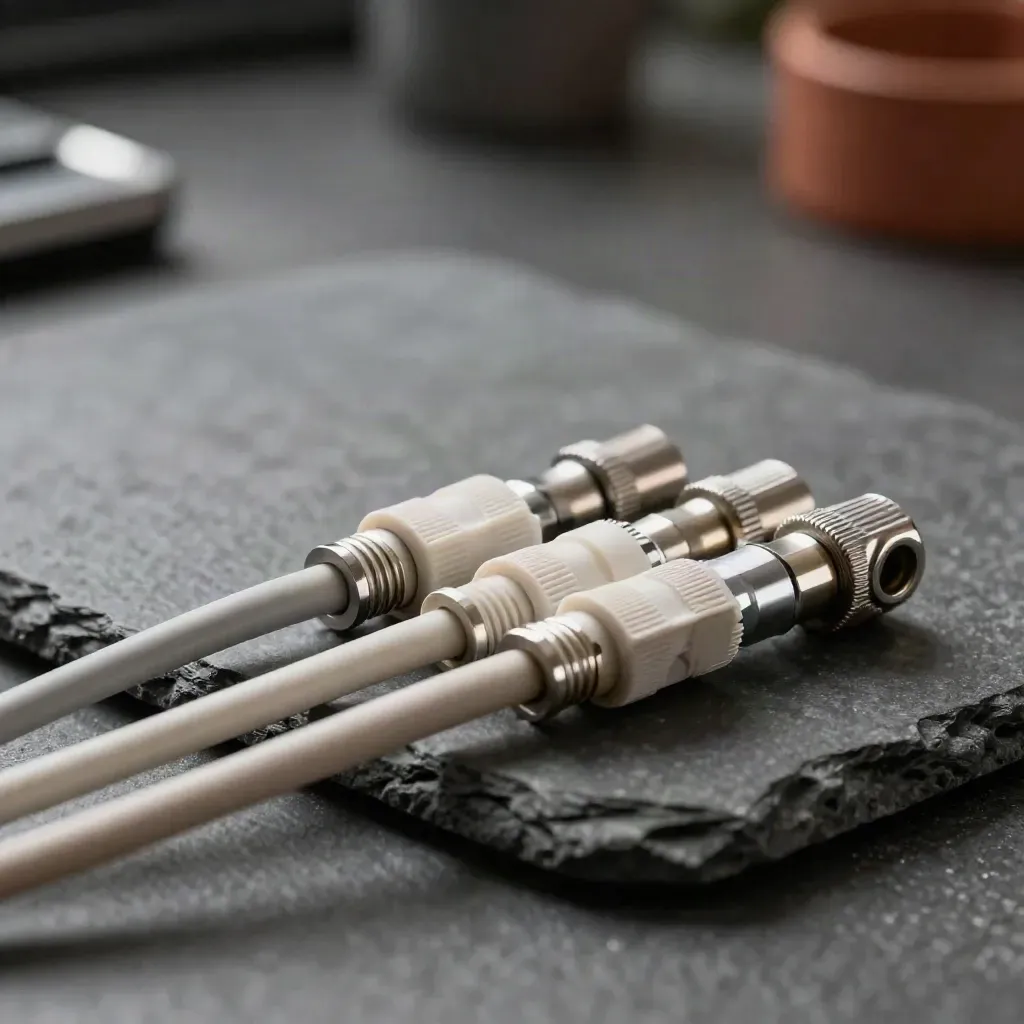 Patch leads and connector blocks on dark stone under dramatic light