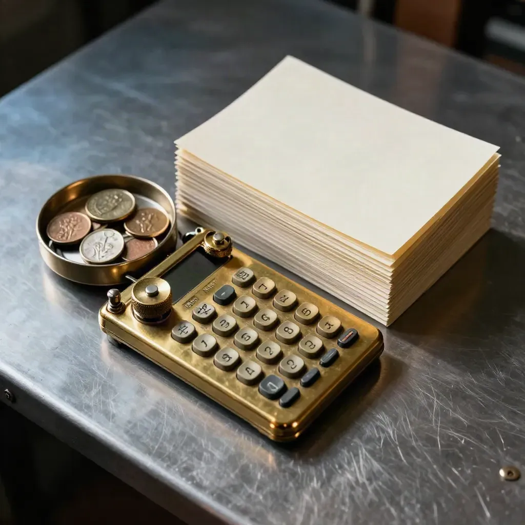 Brass calculator, coin tray and blank filing tabs on brushed metal in a tight overhead cluster